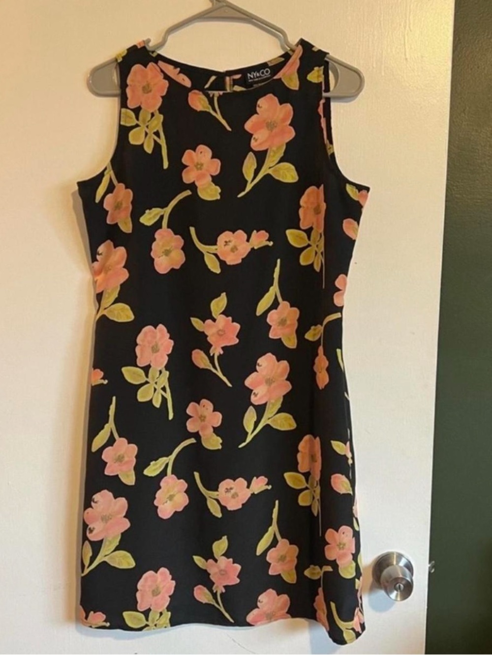 90s New York & co black and peachy pink floral print mini dress lightweight